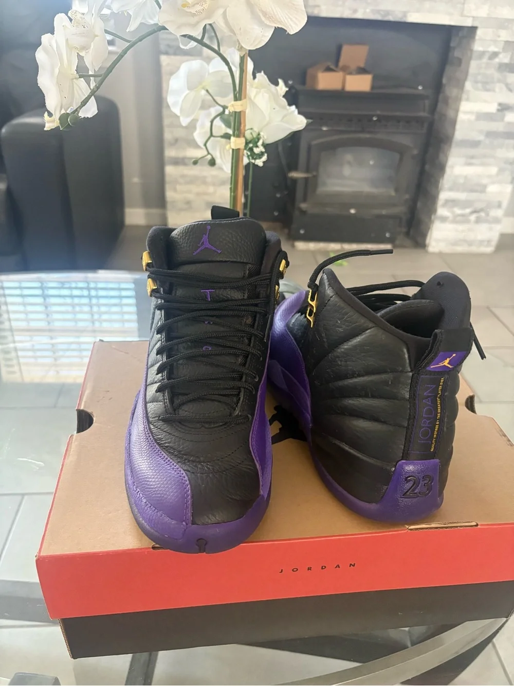 Jordan Retro High-Top Sneakers in Black and Purple with Gold Eyelets